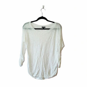Express White Semi-Sheer 3/4 Tabbed Sleeve Round Hem Crewneck Top Small Women’s